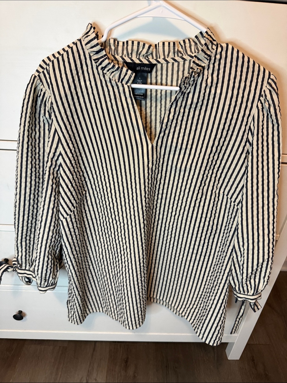 All Miles Black and White Striped Ruffle-Neck Women’s Top
